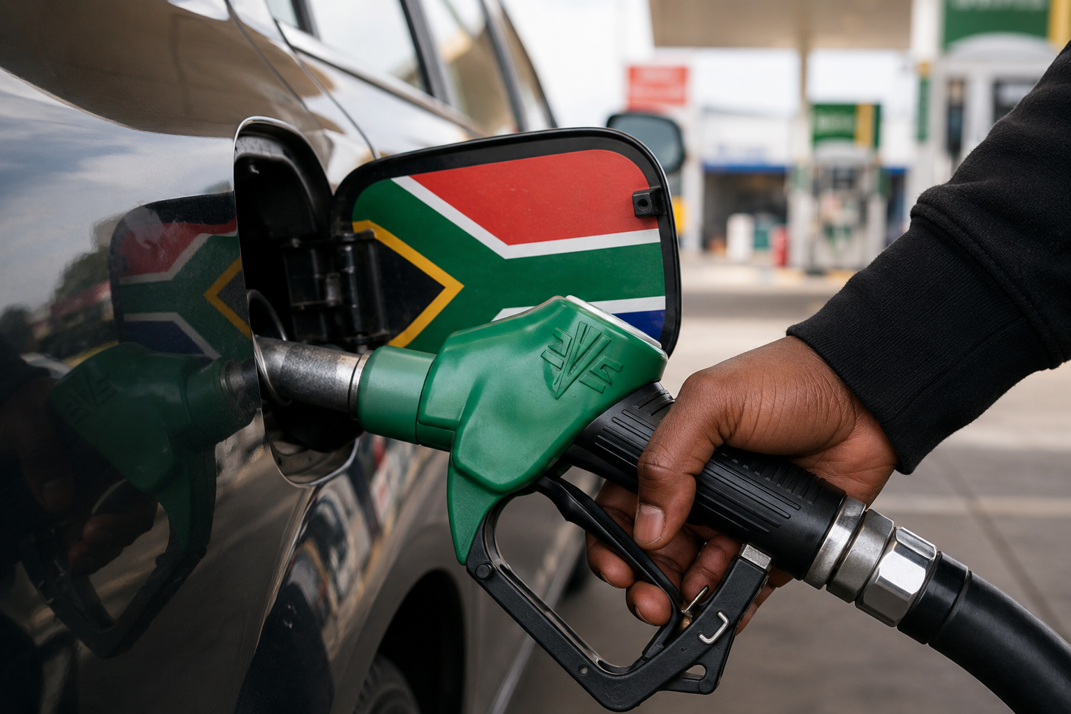 South African flag displayed at a petrol station